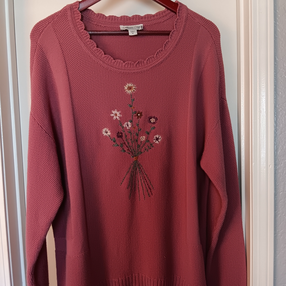 Coldwater Creek Dusty Rose Floral Embroidered Scoop Neck Sweater